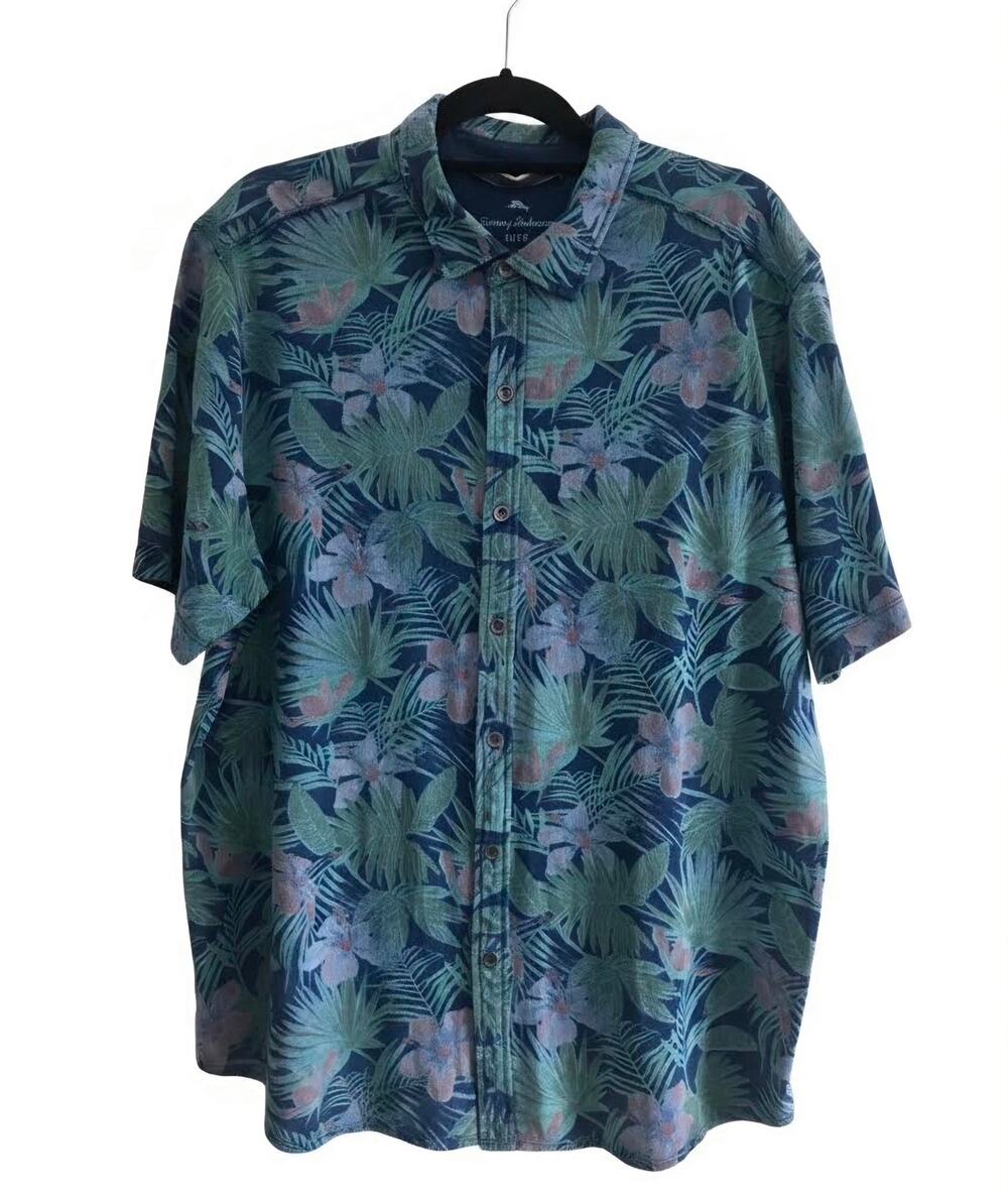 Tommy Bahama Mens XL Hawaiian Floral Button Shirt Blue Cotton Jersey Knit Aloha